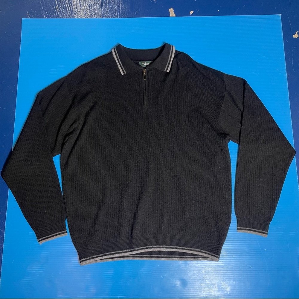 Men's Black Half-Zip Sweater‎ with Contrast Stripe Collar